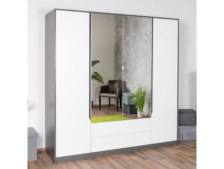 Kleiderschrank Sousse 01 Drehtürenschrank Grau/Weiß 202x200x57 cm 4 Drehtüren, 2 Spiegeltüren, 2 Schubladen, 5 Einlegeböden von easyMÖBEL