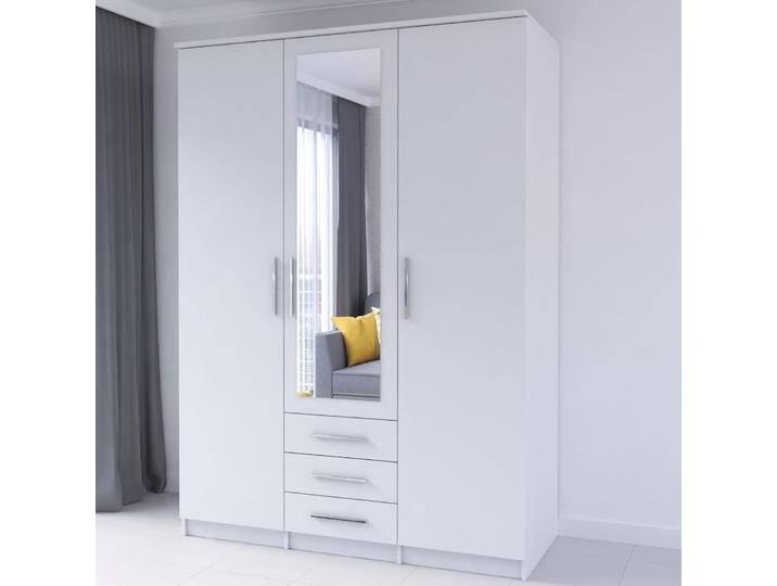Kleiderschrank / Drehtürenschrank Weiß Kopaonik 03 mit Spiegel 3 Schubladen 3 Türen 6 Fächer 507 x 151 x 59 cm 2 Kleiderstangen Kleiderschrank / Drehtürenschrank Weiß Kopaonik 03 mit Spiegel 3 Schubladen 3 Türen 6 Fächer 507 x 151 x 59 cm 2 Kleiderstangen von easyMÖBEL