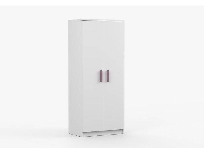 Kleiderschrank Smolikas 70 Weiß 2 Drehtüren violette Holzgriffe 192x80x50 cm 5 Fächer 1 Kleiderstange eckig von easyMÖBEL