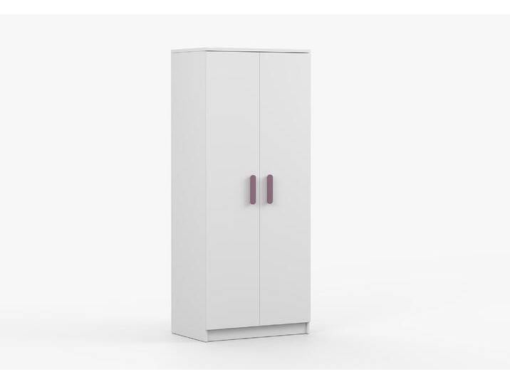 Kleiderschrank Smolikas 70 Weiß 2 Drehtüren violette Holzgriffe 192x80x50 cm 5 Fächer 1 Kleiderstange eckig von easyMÖBEL