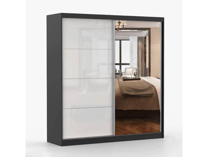 Kleiderschrank / Schiebetürenschrank 2,0 Meter breit Gorski 32 Weiß / Schwarz mit Spiegel 2 Türen Griffe: Metall 218 x 203 x 61 cm Kleiderschrank / Schiebetürenschrank 2,0 Meter breit Gorski 32 Weiß / Schwarz mit Spiegel 2 Türen Griffe: Metall 218 x 203 x 61 cm von easyMÖBEL