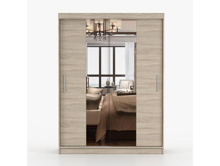 Kleiderschrank Schiebetürenschrank Bucegi 06 Sonoma Eiche mit Spiegel 2 Schiebetüren Aluminium-Griffe 6 Fächer 200 x 150 x 61 cm von easyMÖBEL