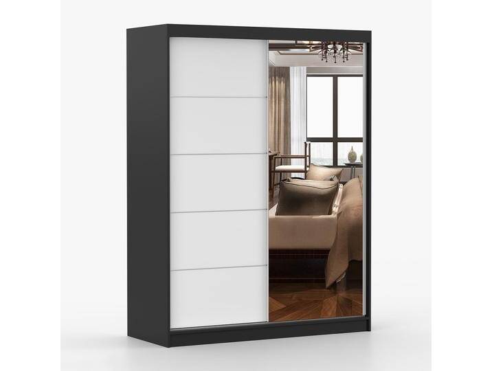 Kleiderschrank / Schiebetürenschrank Bucegi 21 Weiß / Schwarz mit Spiegel 2 Türen Griffe: Aluminium 6 Fächer 200 x 150 x 61 cm Kleiderschrank / Schiebetürenschrank Bucegi 21 Weiß / Schwarz mit Spiegel 2 Türen Griffe: Aluminium 6 Fächer 200 x 150 x 61 cm von easyMÖBEL