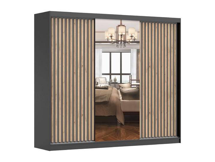 Kleiderschrank / Schiebetürenschrank Voras 28 Grau / Schwarz Spiegel 2 Türen 8 Fächer 250 x 215 x 61 cm Kleiderstange 3 Schublade Kleiderschrank / Schiebetürenschrank Voras 28 Grau / Schwarz Spiegel 2 Türen 8 Fächer 250 x 215 x 61 cm Kleiderstange 3 Schublade von easyMÖBEL