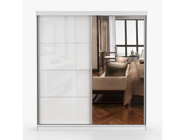 Kleiderschrank / Schiebetürenschrank Weiß Sredna 01 mit Spiegel 2 Türen 218 x 203 x 61 cm 3 Fächer 3 Schubladen schlichter Stil Kleiderschrank / Schiebetürenschrank Weiß Sredna 01 mit Spiegel 2 Türen 218 x 203 x 61 cm 3 Fächer 3 Schubladen schlichter Stil von easyMÖBEL