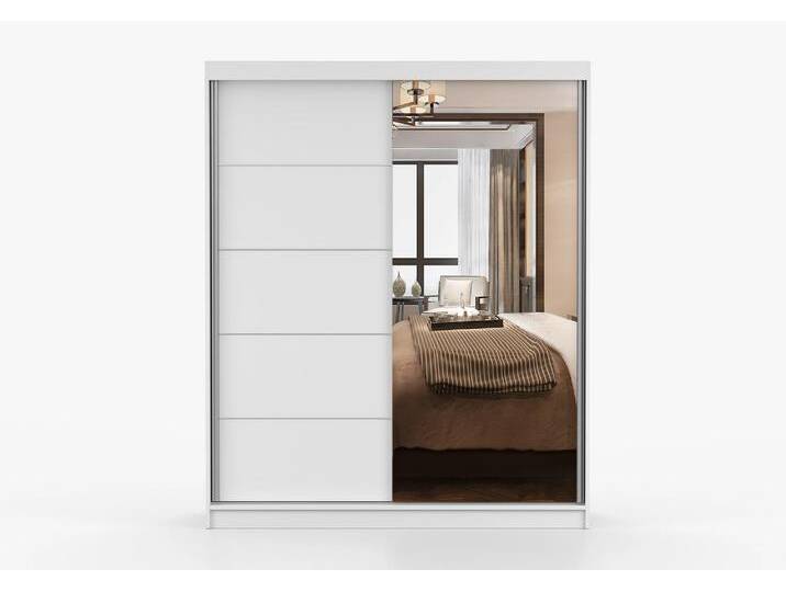Kleiderschrank / Schiebetürenschrank mit Spiegel Weiß Galtee 06 195 x 160 x 61 cm 2 Türen 6 Fächer viel Lagerkapazität Einfarbig von easyMÖBEL