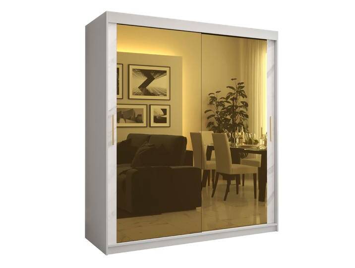 Kleiderschrank Hochfeiler 87 in Weiß/Weißer Marmor Modernes Design 200x180x62 cm 10 Fächer 2 Schiebetüren 2 Spiegel von easyMÖBEL