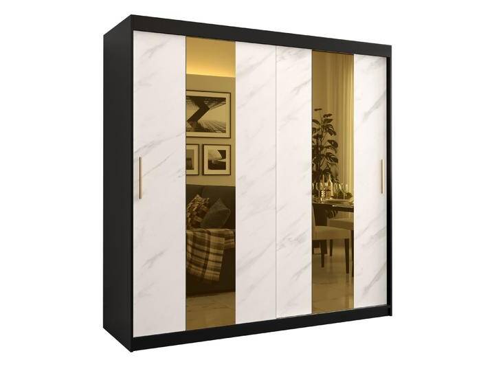 Kleiderschrank Hochfeiler 18 mit 10 Fächern Schwarz/Weißer Marmor 200x200x62 cm Marmor Optik 2 Schiebetüren 2 Spiegel Modernes Design von easyMÖBEL