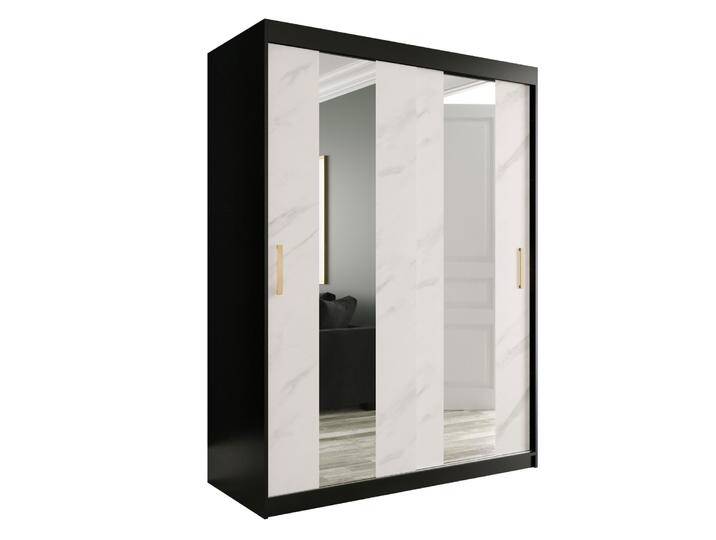 Kleiderschrank mit Marmor Optik Ätna 10, Schwarz matt / Weißer Marmor 200 x 150 x 62 cm Schiebetüren Spiegel Viel Stauraum von easyMÖBEL