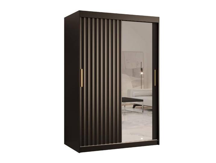 Kleiderschrank mit Spiegeltür Balmenhorn 80 Schwarz matt 200x120x62 cm viel Stauraum 2 Schiebetüren 5 Fächer 2 Kleiderstangen von easyMÖBEL
