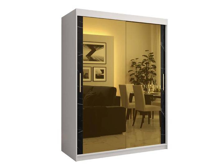 Kleiderschrank Hochfeiler 81 Weiß/Schwarzer Marmor 200x150x62 cm 5 Fächer 2 Spiegel 2 Schiebetüren Modernes Design von easyMÖBEL