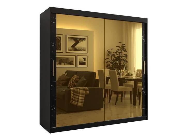 Kleiderschrank mit genügend Stauraum Hochfeiler 92, Farbe: Schwarz / Schwarzer Marmor - Abmessungen: 200 x 200 x 62 cm (H x B x T), mit zwei Spiegel von easyMÖBEL