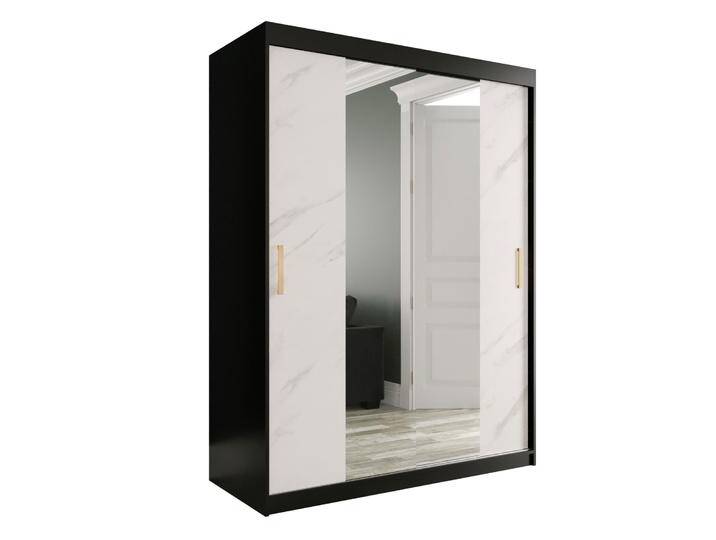 Kleiderschrank mit großem Spiegel Ätna 58 Schwarz matt & Weißer Marmor 200 x 150 x 62 cm 2 Kleiderstangen 2 Schiebetüren von easyMÖBEL