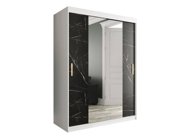 Kleiderschrank mit großen Spiegel Ätna 59, Farbe: Weiß matt / Schwarzer Marmor - Abmessungen: 200 x 150 x 62 cm (H x B x T), mit fünf Fächern von easyMÖBEL
