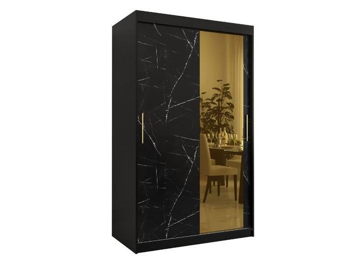 Kleiderschrank Hochfeiler 56 Schwarz / Schwarzer Marmor 200 x 120 x 62 cm 2 Kleiderstangen 2 Schiebetüren 1 Spiegel 5 Fächer von easyMÖBEL
