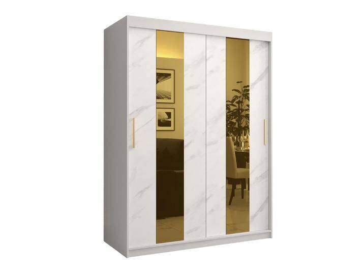 Kleiderschrank Hochfeiler 11 Weiß Marmor Design 200x150x62 cm 5 Fächer 2 Kleiderstangen Schiebetüren & Spiegel von easyMÖBEL