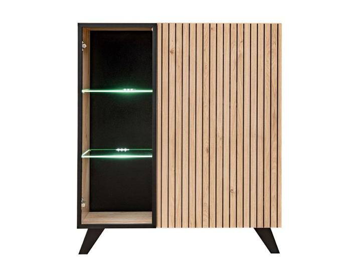 Kleine Vitrine Nordkapp 04, Farbe: Hickory Jackson / Schwarz - Abmessungen: 102 x 90 x 40 cm (H x B x T), mit 6 Fächern und eine LED-Beleuchtung von easyMÖBEL