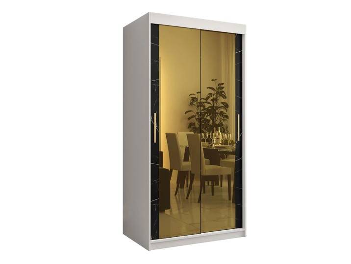 Kleiner Kleiderschrank mit zwei Spiegel Hochfeiler 73, Farbe: Weiß / Schwarzer Marmor - Abmessungen: 200 x 100 x 62 cm (H x B x T), mit fünf Fäche von easyMÖBEL