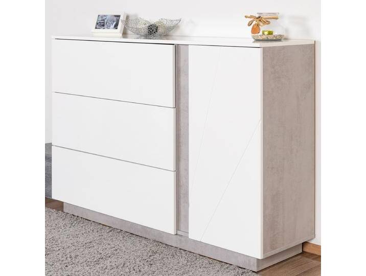 Kommode Antioch 07, Farbe: Weiß Glanz / Hellgrau - Abmessungen: 95 x 138 x 40 cm (H x B x T), mit 1 Tür, 3 Schubladen und 2 Fächern von easyMÖBEL