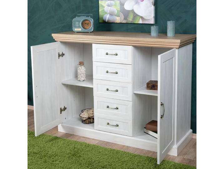 Kommode Badile 01, Farbe: Kiefer Weiß / Braun - 98 x 127 x 46 cm (H x B x T) von easyMÖBEL