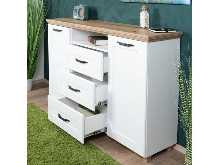 Kommode Cuenca 03, Farbe: Eiche / Weiß - Abmessungen: 99 x 155 x 39 cm (H x B x T) von easyMÖBEL