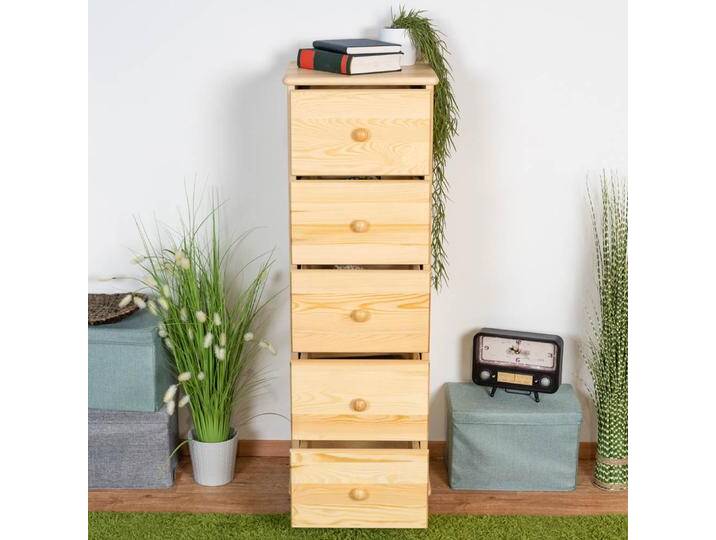 Kommode, Natur, 122x40x42 cm, Massivholz, 5 Schubladen, Modern & Landhaus von easyMÖBEL