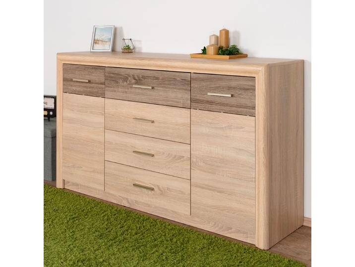 Kommode Mesquite 08, Farbe: Sonoma Eiche hell / Sonoma Eiche Trüffel - Abmessungen: 91 x 165 x 40 cm (H x B x T), mit 2 Türen, 4 Schubladen und 4 F von easyMÖBEL