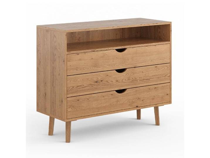 Kommode Minnu 03 naturbelassen aus massiver Wildeiche, 90 x 110 x 40 cm, 3 Schubladen mit Soft-Close-System, 1 offenes Fach, geöltes Holz, stilvoll von easyMÖBEL