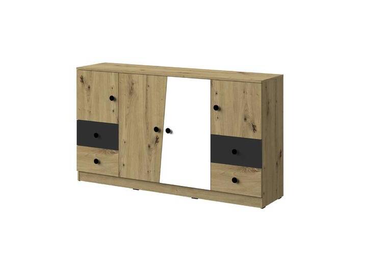 Kommode Sirte 06, Farbe: Eiche / Weiß / Schwarz matt - Abmessungen: 90 x 160 x 40 cm (H x B x T) von easyMÖBEL