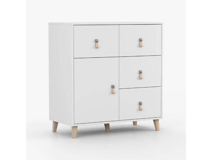 Kommode Weiß Taygetos 02 96 x 90 x 45 cm 4 Schubladen 1 Fach Ledergriffe Holzbeine 14 cm hoch Einfarbig skandinavischer Stil von easyMÖBEL