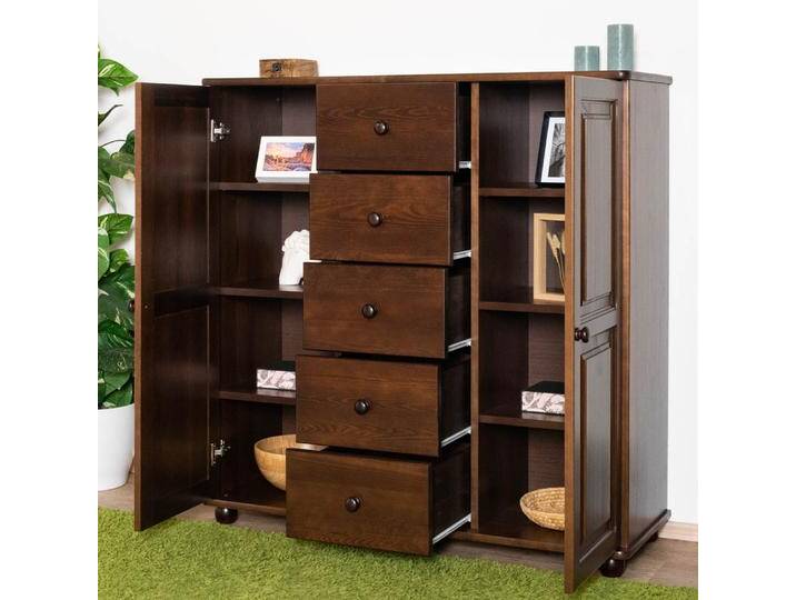 Kommode in Walnussfarben Kiefer massiv Vollholz Junco 158, mit 8 Fächer und 5 Schubladen, 123 x 121 x 42 cm, mit viel Stauraum von easyMÖBEL