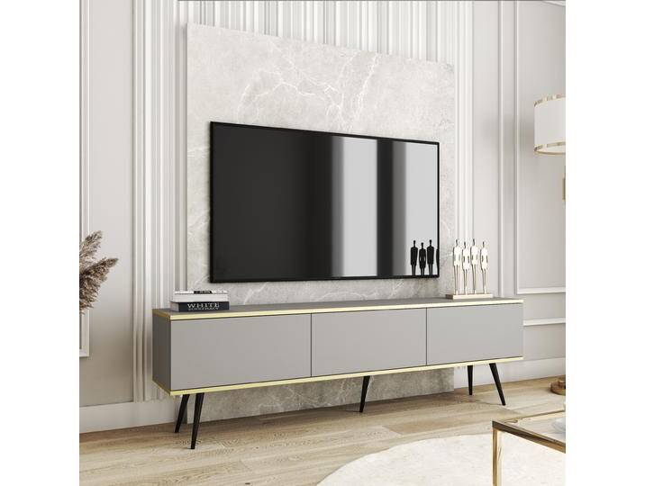 Langes TV-Board / TV-Möbel mit drei Kippfächer Horsham 36, Farbe: Grau, Push-to-open Funktion, hängend montierbar, Beine: Schwarz, ABS-Kantenschut Langes TV-Board / TV-Möbel mit drei Kippfächer Horsham 36, Farbe: Grau, Push-to-open Funktion, hängend montierbar, Beine: Schwarz, ABS-Kantenschut von easyMÖBEL