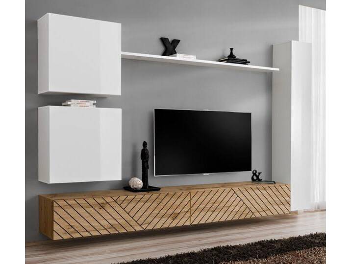 Moderne Wohnwand, Farbe: Weiß Hochglanz / Eiche Wotan - Abmessungen: 180 x 280 x 40 cm (H x B x T), mit Push-to-open System von easyMÖBEL