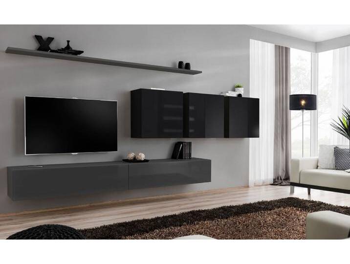 Moderne Wohnwand Balestrand 105 Grau/Schwarz 8 Fächer 150x340x40 cm Push To Open Hochglanz Front Viel Stauraum von easyMÖBEL
