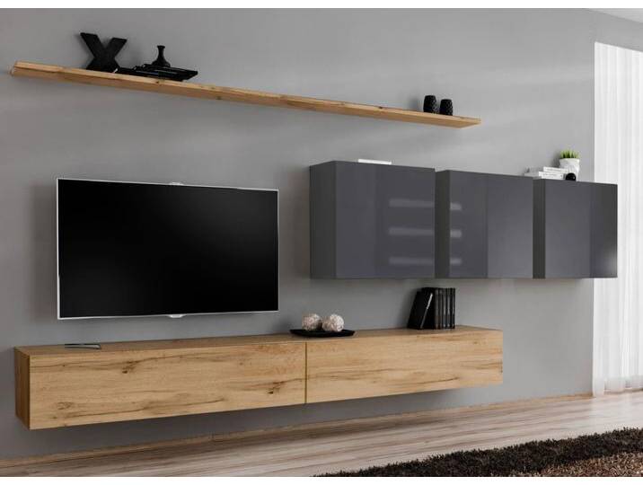 Moderne Wohnwand Balestrand 111, Farbe: Eiche Wotan / Grau - Abmessungen: 150 x 340 x 40 cm (H x B x T), mit genügend Stauraum von easyMÖBEL