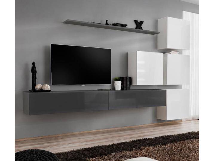 Moderne Wohnwand Balestrand 136 Grau/Weiß 200x310x40 cm 6 Fächer Push To Open Hochglanz-Fronten Viel Stauraum von easyMÖBEL