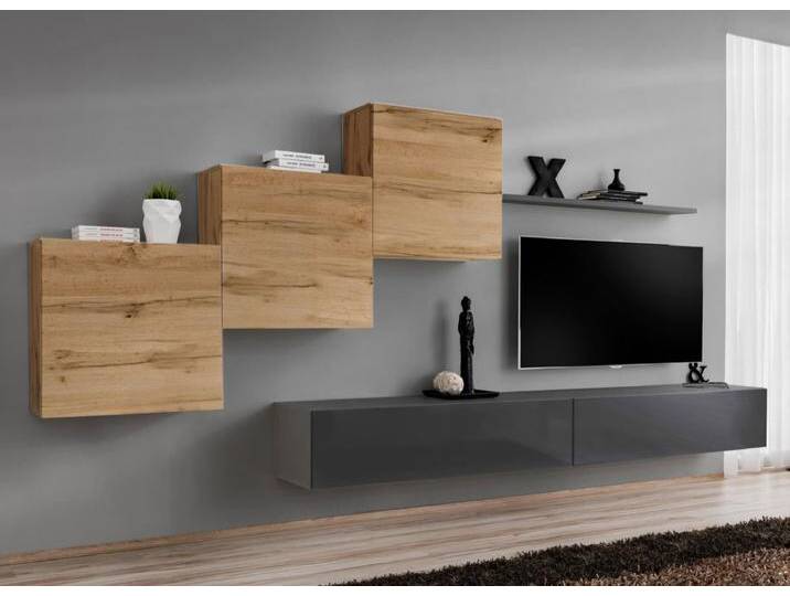 Moderne Wohnwand Balestrand 159, Farbe: Eiche Wotan / Grau - Abmessungen: 150 x 330 x 40 cm (H x B x T), mit fünf Türen und 10 Fächern von easyMÖBEL