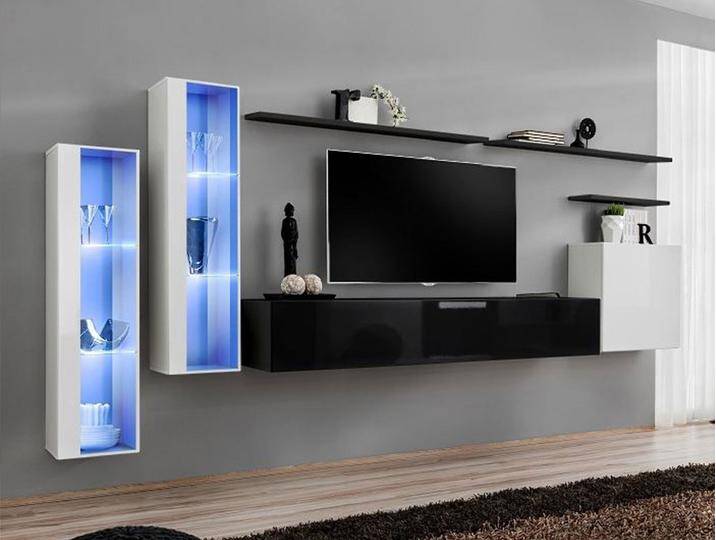 Moderne Wohnwand Balestrand 165 Weiß/Schwarz 160x330x40 cm LED-Beleuchtung Hochglanz-Fronten Push To Open von easyMÖBEL