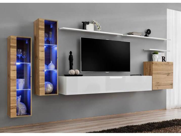 Wohnwand, Weiß & Eiche Wotan, 160x330x40 cm, Holzwerkstoff, Push To Open, Modern & Maritim von easyMÖBEL