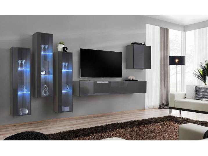 Moderne Wohnwand Balestrand 195 Grau LED-Beleuchtung 160x330x40 cm Push-to-Open Viel Stauraum Hochglanz Fronten von easyMÖBEL