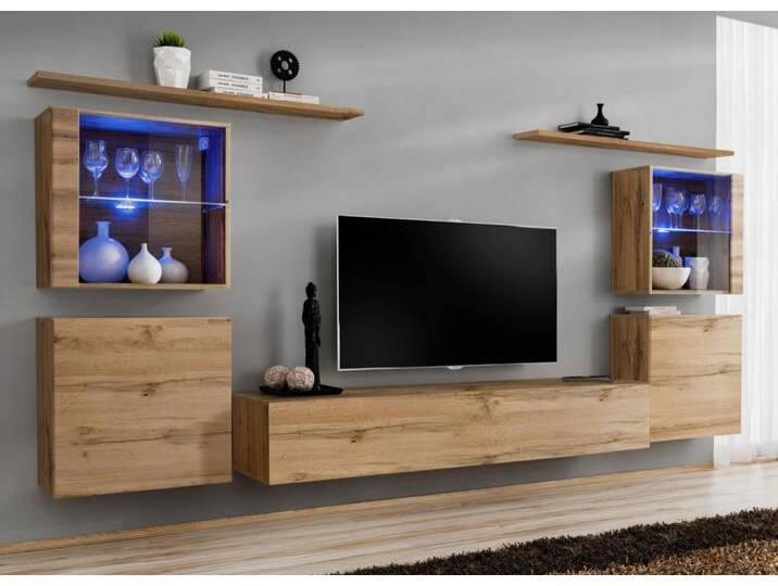 Moderne Wohnwand Balestrand 212, Farbe: Eiche Wotan - Abmessungen: 160 x 320 x 40 cm (H x B x T), mit LED-Beleuchtung von easyMÖBEL