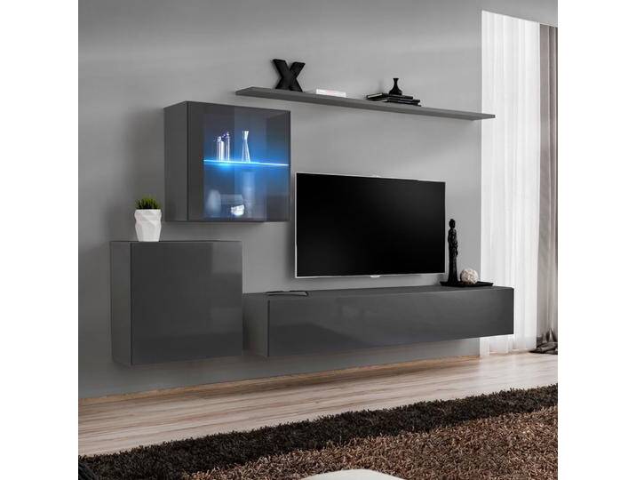 Moderne Wohnwand Balestrand 227, Farbe: Grau - Abmessungen: 150 x 250 x 40 cm (H x B x T), mit LED-Beleuchtung von easyMÖBEL