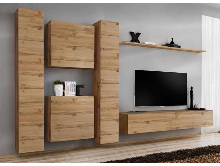 Moderne Wohnwand Balestrand 84, Farbe: Eiche Wotan - Abmessungen: 180 x 330 x 40 cm (H x B x T), mit Push-to-open Funktion von easyMÖBEL