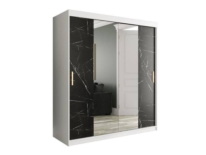 Moderner Kleiderschrank Ätna 63 Weiß matt / Schwarzer Marmor 200x180x62 cm 10 Fächer Großer Spiegel Schiebetüren von easyMÖBEL