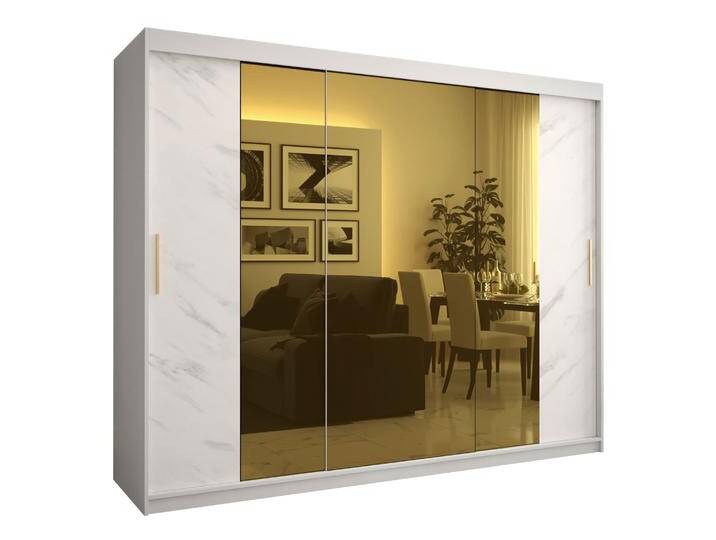 Moderner Kleiderschrank mit Marmor Optik Hochfeiler 71, Farbe: Weiß / Weißer Marmor - Abmessungen: 200 x 250 x 62 cm (H x B x T), mit drei Spiegel von easyMÖBEL