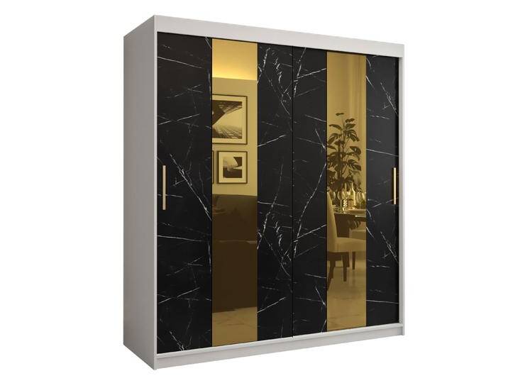 Moderner Kleiderschrank Hochfeiler 13, Weiß / Schwarzer Marmor 200 x 180 x 62 cm 10 Fächer 2 Kleiderstangen 2 Schiebetüren Spiegel von easyMÖBEL