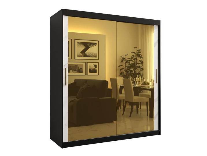 Moderner Kleiderschrank Hochfeiler 86 mit Spiegeltüren Schwarz / Weißer Marmor 200x180x62 cm Schiebetüren Viel Stauraum von easyMÖBEL