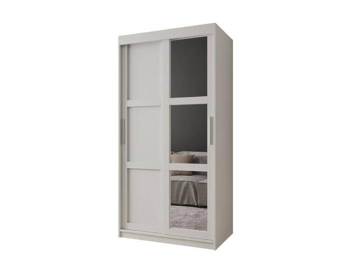 Moderner Schiebetürenschrank Elbrus 13, Weiß Matt, Maße: 200 x 100 x 62 cm, 3 Spiegeln, 2 Kleiderstangen, 1 Spiegeltür, Silber Griffe von easyMÖBEL