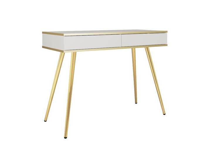Moderner Schminktisch mit Push-to-open Funktion Horsham 68, Farbe: Wieß, zwei Schubladen, Beine: Gold, ABS-Kantenschutz, für Schlafzimmer von easyMÖBEL