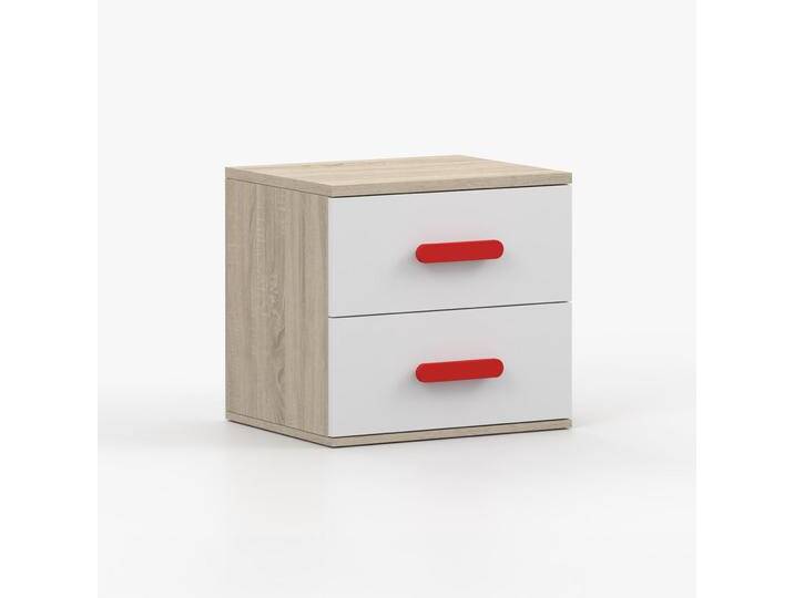 Nachtkästchen / Nachtkommode Smolikas 128 rote Holzgriffe Weiß / Sonoma Eiche schlichter Stil 50 x 55 x 40 cm 2 geräumige Schubladen Nachtkästchen / Nachtkommode Smolikas 128 rote Holzgriffe Weiß / Sonoma Eiche schlichter Stil 50 x 55 x 40 cm 2 geräumige Schubladen von easyMÖBEL